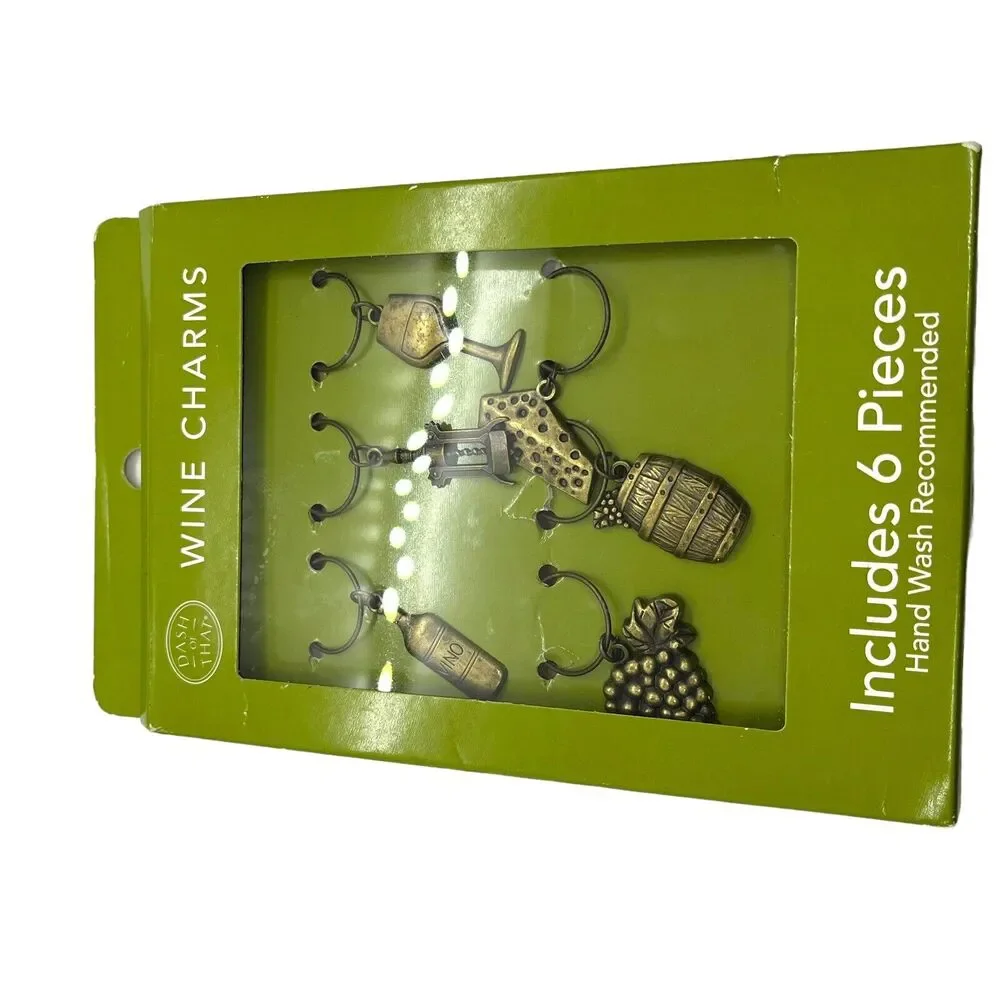Wine Charms Dash of That 6pc Vintage Brass Color NWT Cheese Barrel Grapes Cork